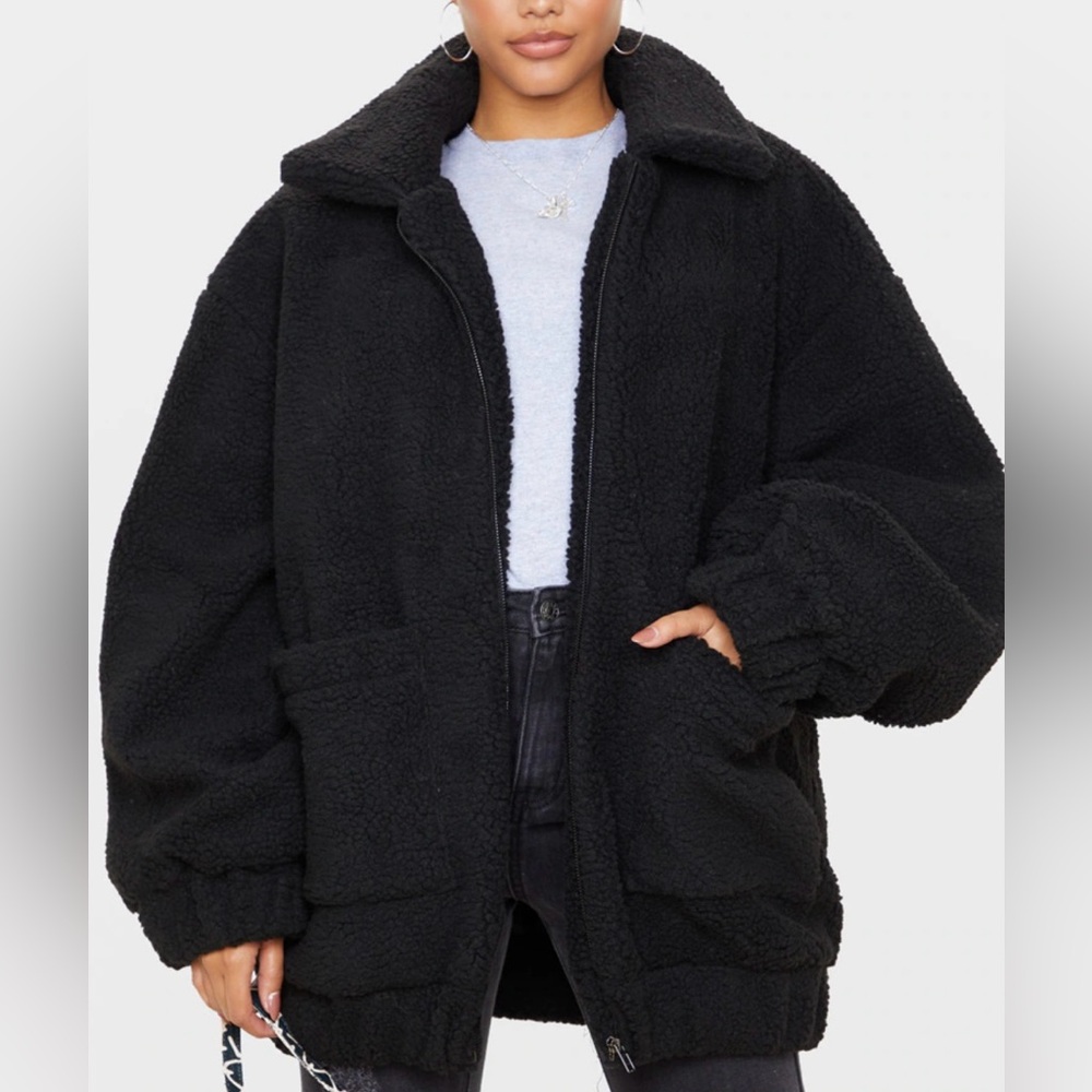 Black oversized borg pocket front coat